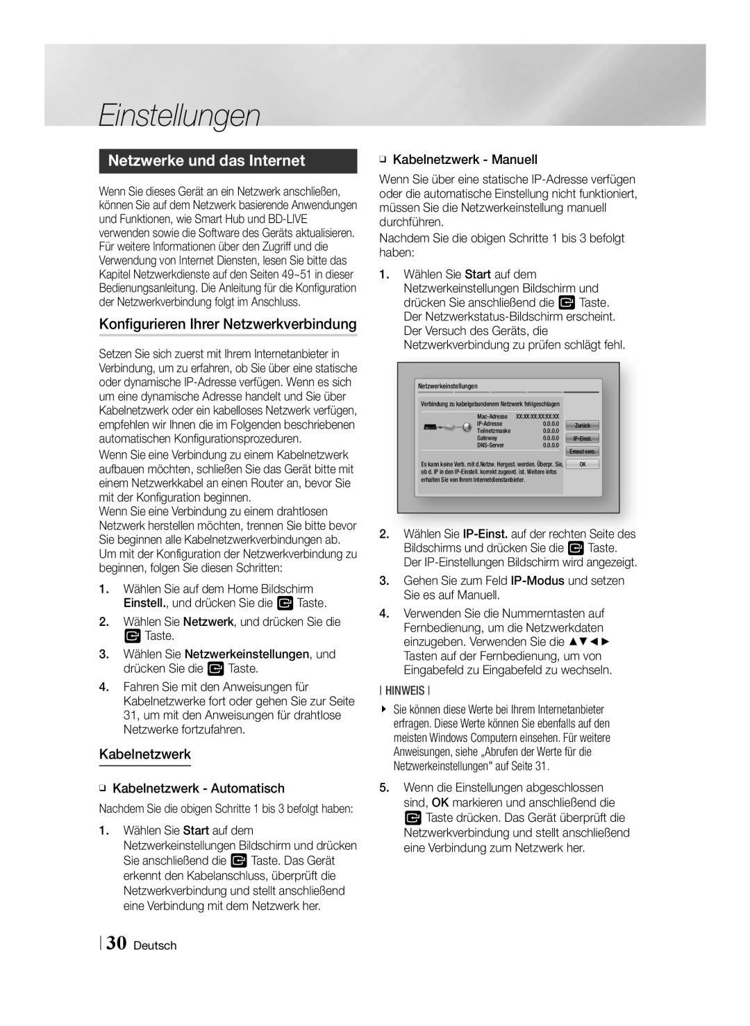 Samsung BD-ES7009/ZG manual Netzwerke und das Internet, Konfigurieren Ihrer Netzwerkverbindung, Kabelnetzwerk 