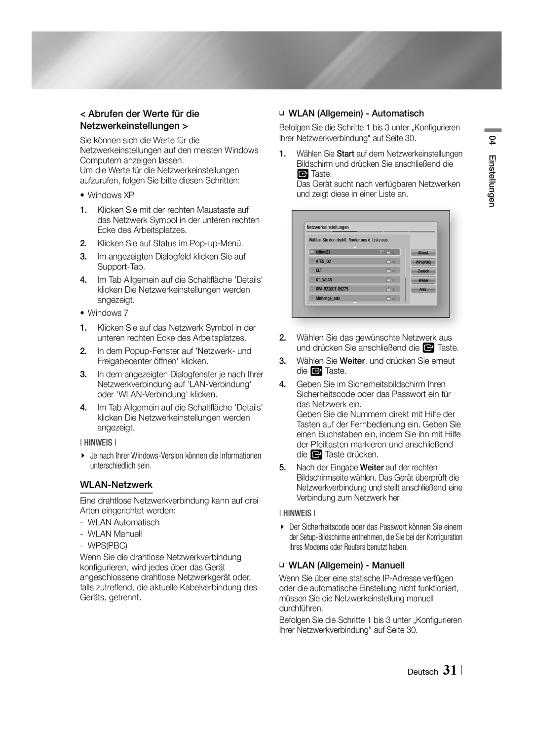 Samsung BD-ES7009/ZG manual Abrufen der Werte für die Netzwerkeinstellungen, WLAN-Netzwerk, Windows, Wpspbc 