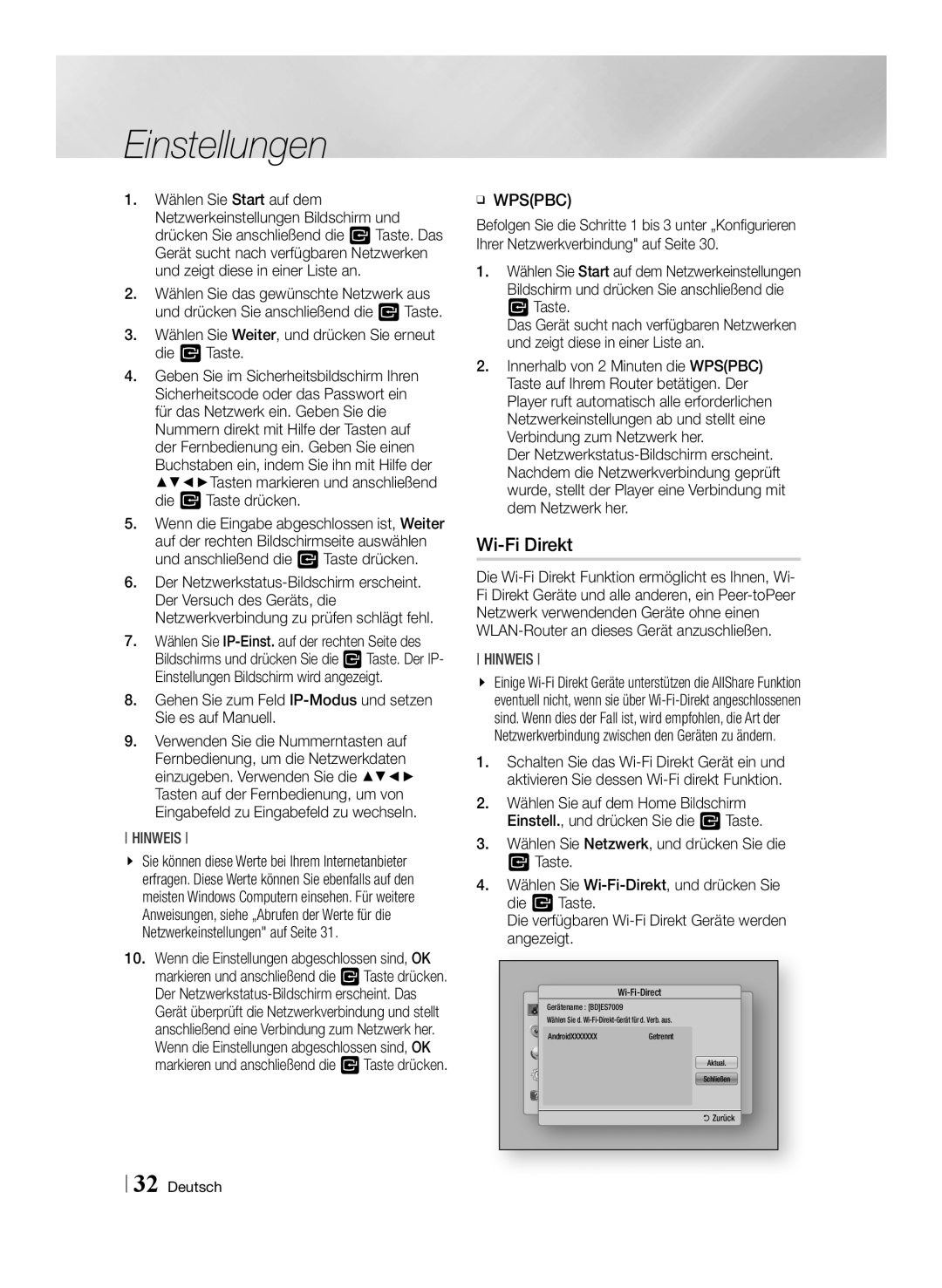 Samsung BD-ES7009/ZG manual Wi-Fi Direkt, Wählen Sie Weiter, und drücken Sie erneut die v Taste, ĞĞ Wpspbc 