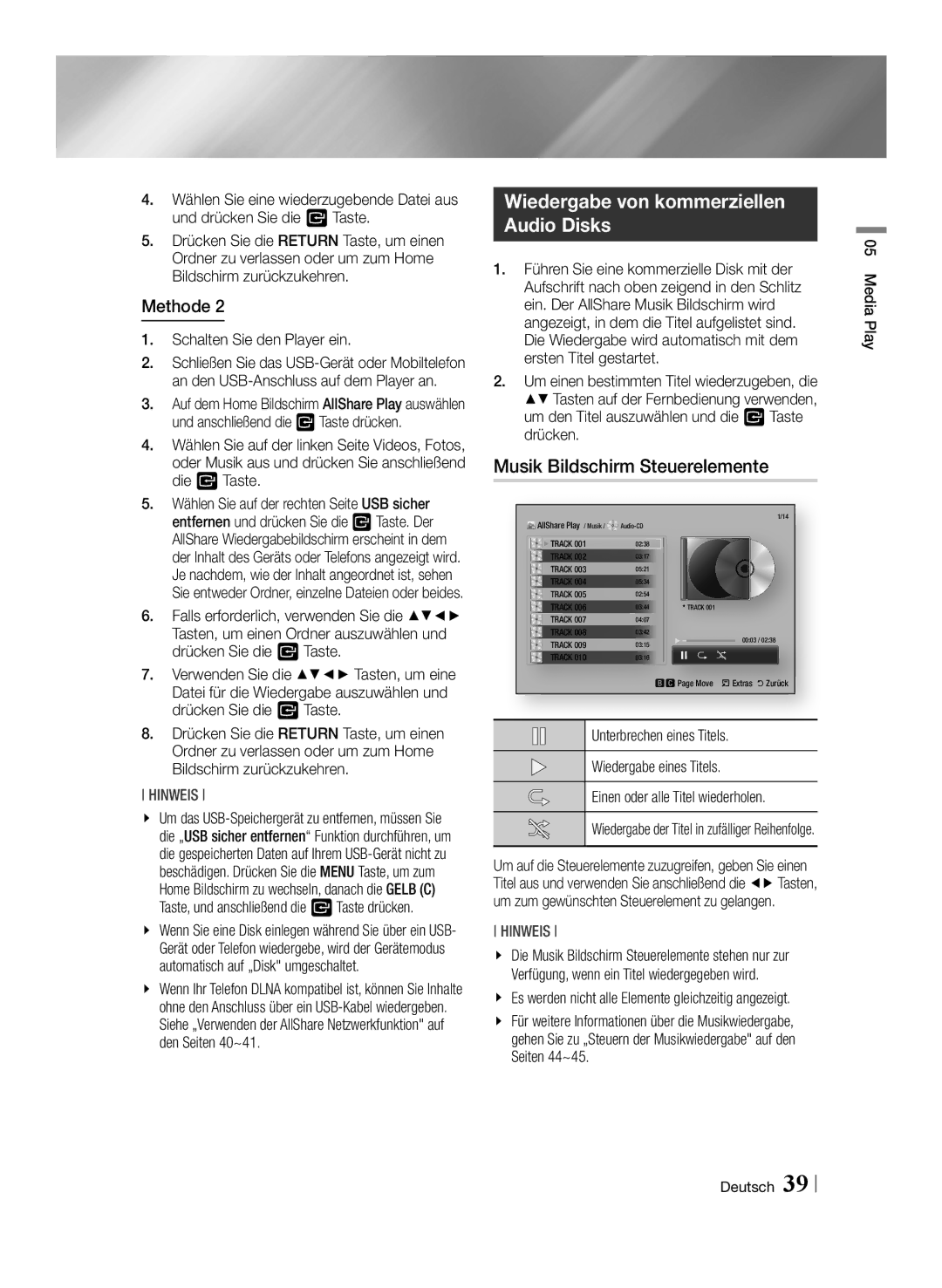 Samsung BD-ES7009/ZG manual Wiedergabe von kommerziellen Audio Disks, Musik Bildschirm Steuerelemente, Seiten 44~45 