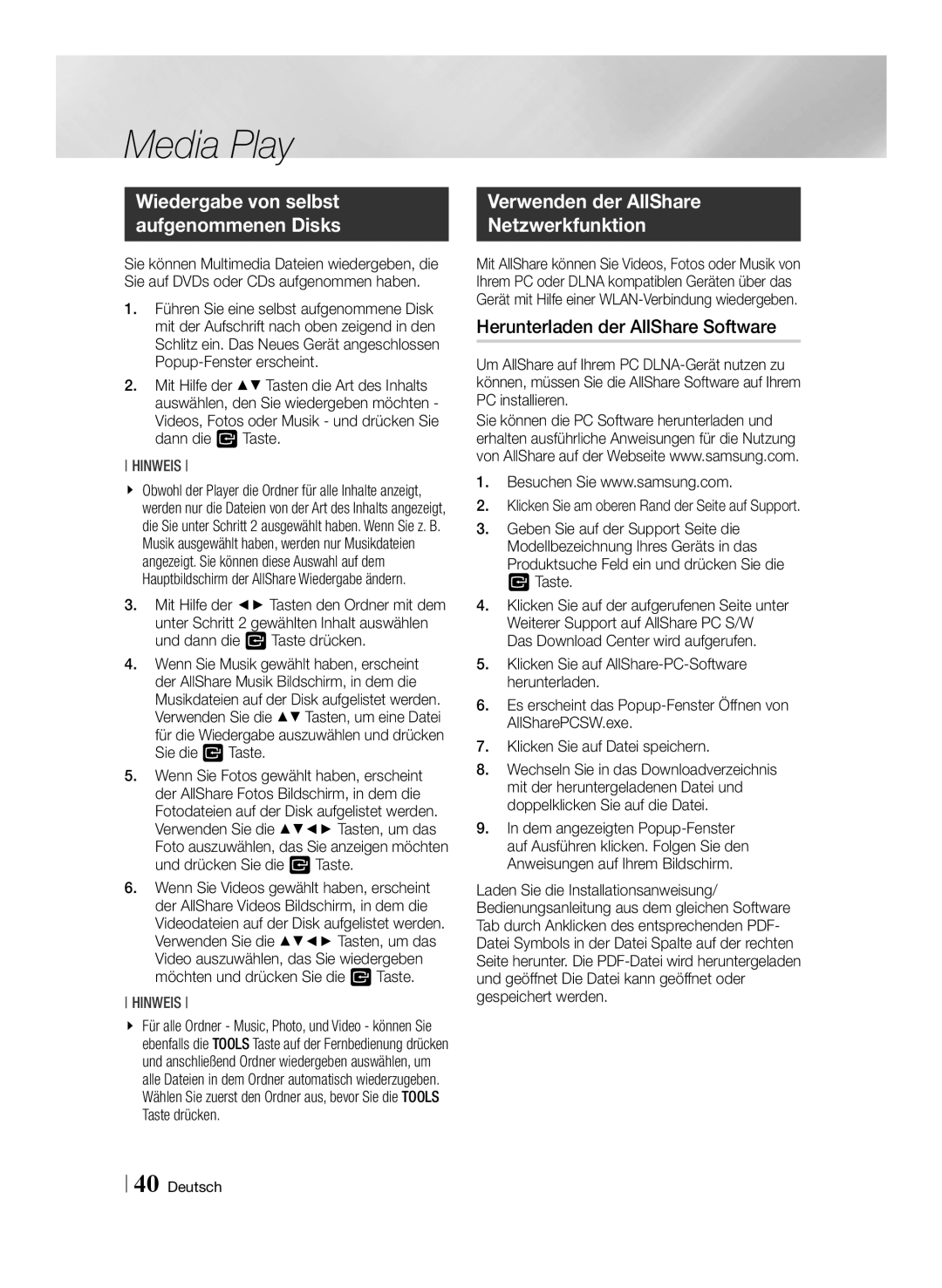 Samsung BD-ES7009/ZG manual Verwenden der AllShare Netzwerkfunktion, Herunterladen der AllShare Software 