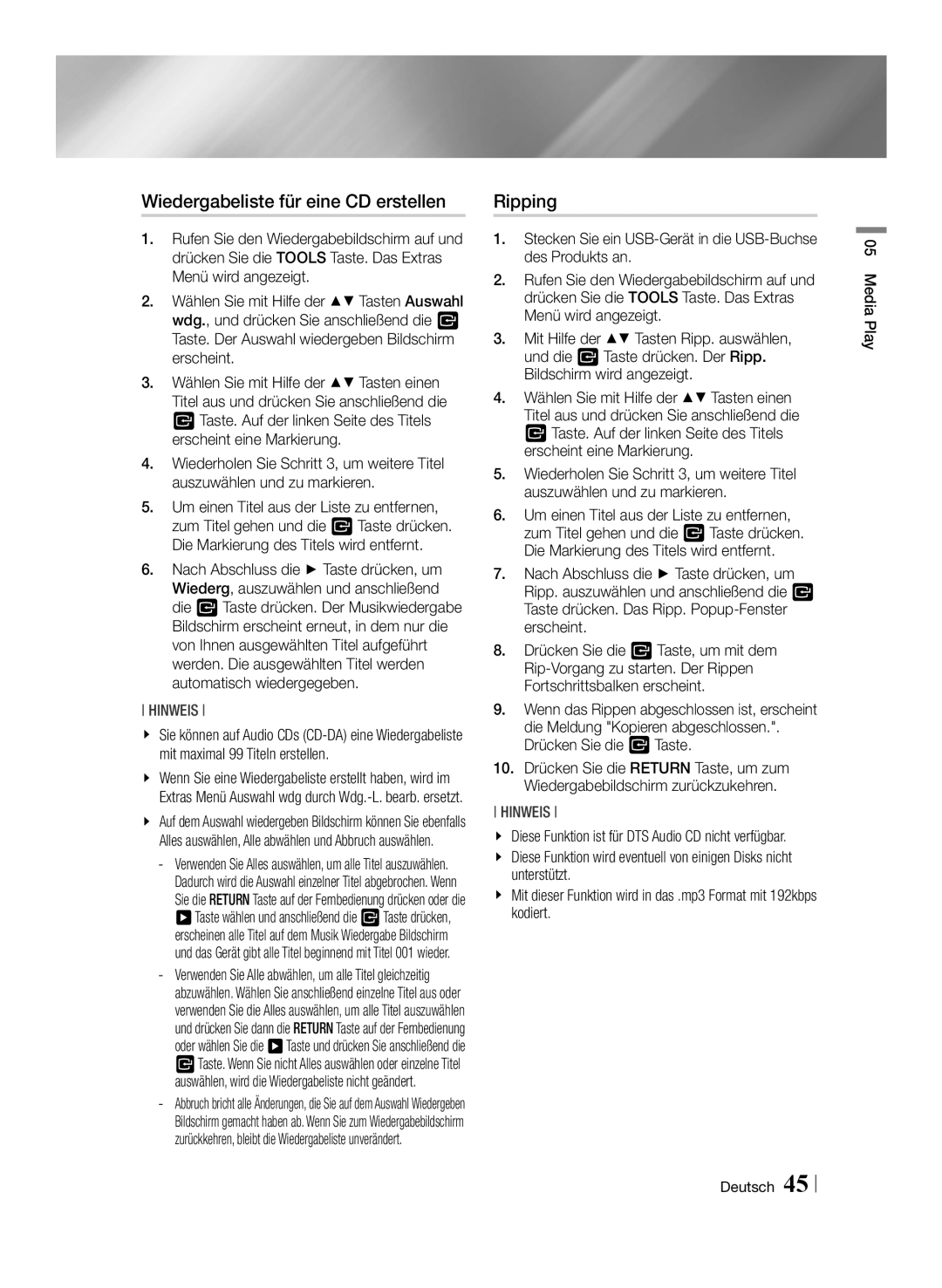 Samsung BD-ES7009/ZG manual Wiedergabeliste für eine CD erstellen, Ripping 