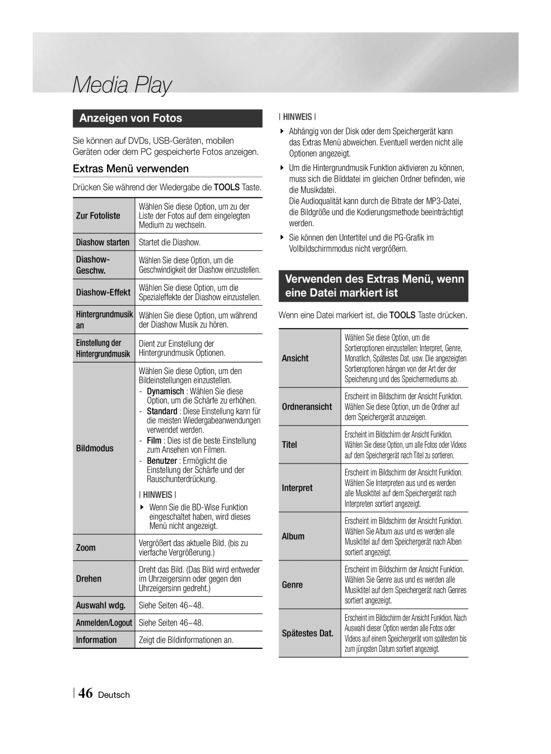 Samsung BD-ES7009/ZG manual Anzeigen von Fotos, Verwenden des Extras Menü, wenn eine Datei markiert ist 