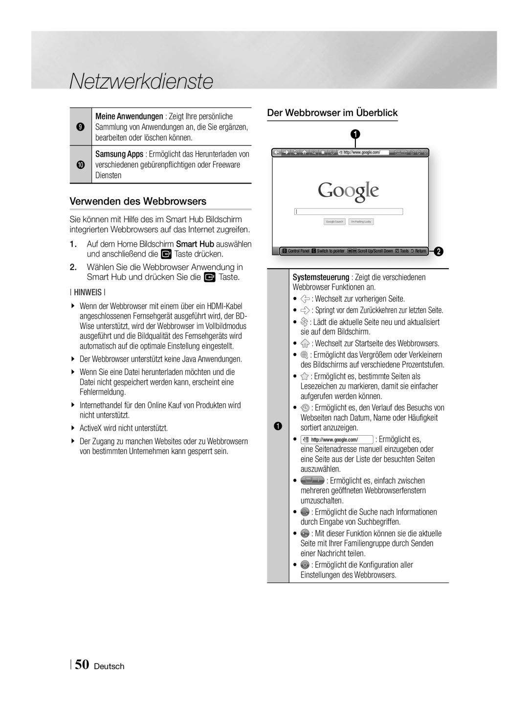 Samsung BD-ES7009/ZG manual Verwenden des Webbrowsers, Der Webbrowser im Überblick 