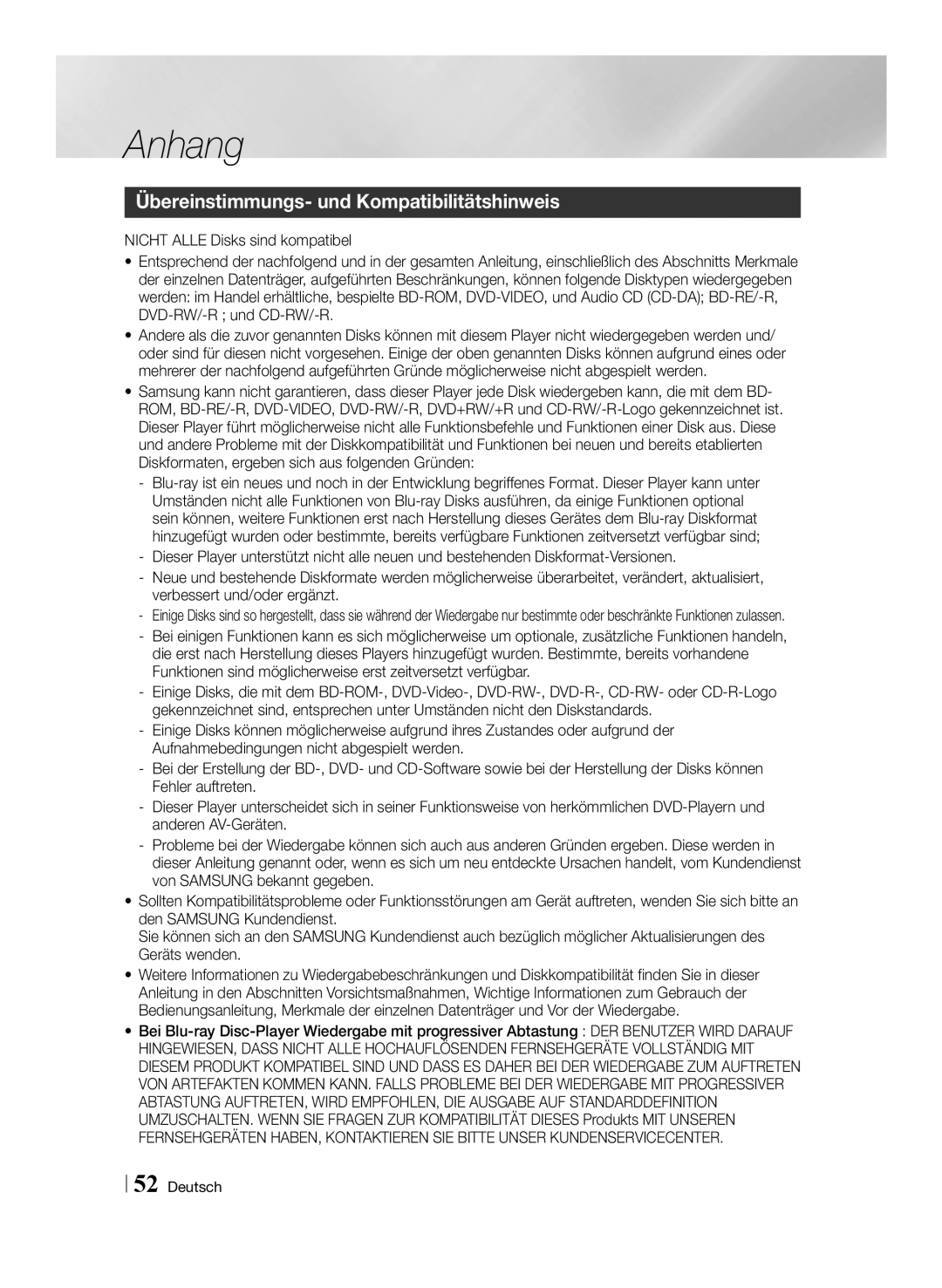 Samsung BD-ES7009/ZG manual Anhang, Übereinstimmungs- und Kompatibilitätshinweis 