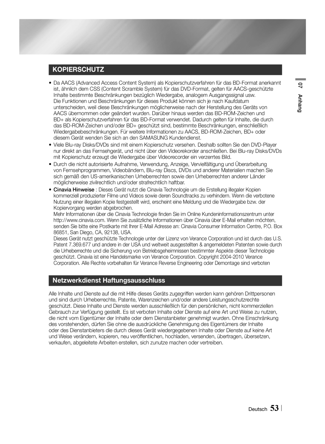 Samsung BD-ES7009/ZG manual Netzwerkdienst Haftungsausschluss, Anhang Deutsch 