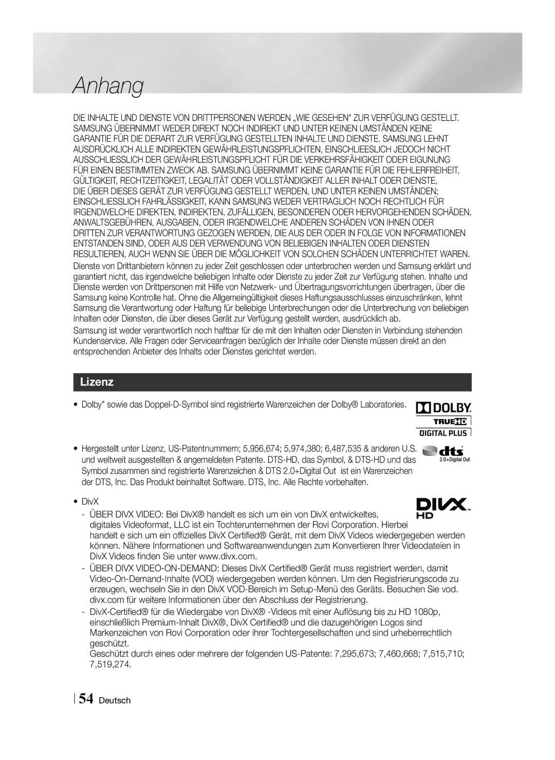 Samsung BD-ES7009/ZG manual Lizenz, DivX 