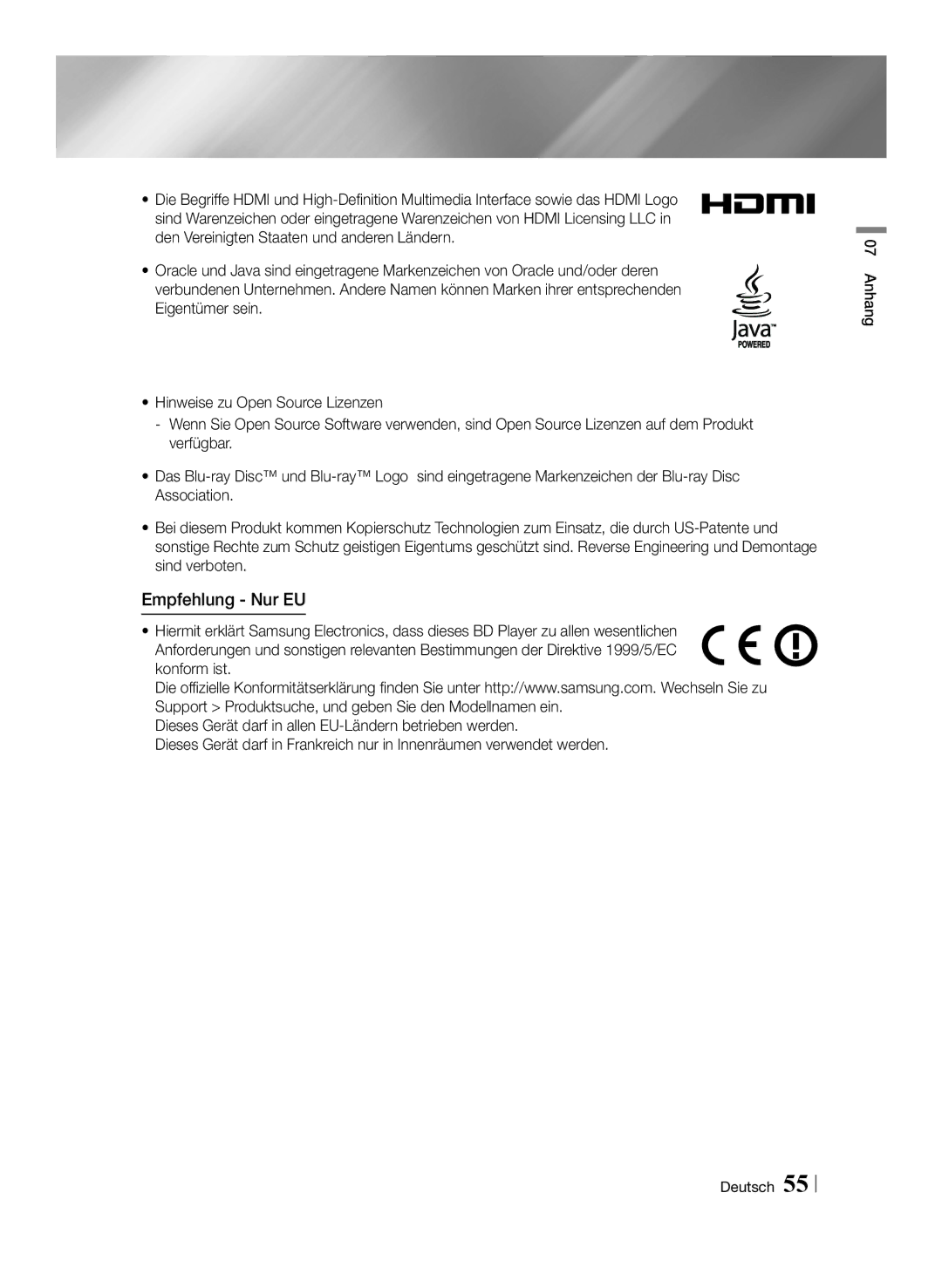 Samsung BD-ES7009/ZG manual Empfehlung Nur EU 