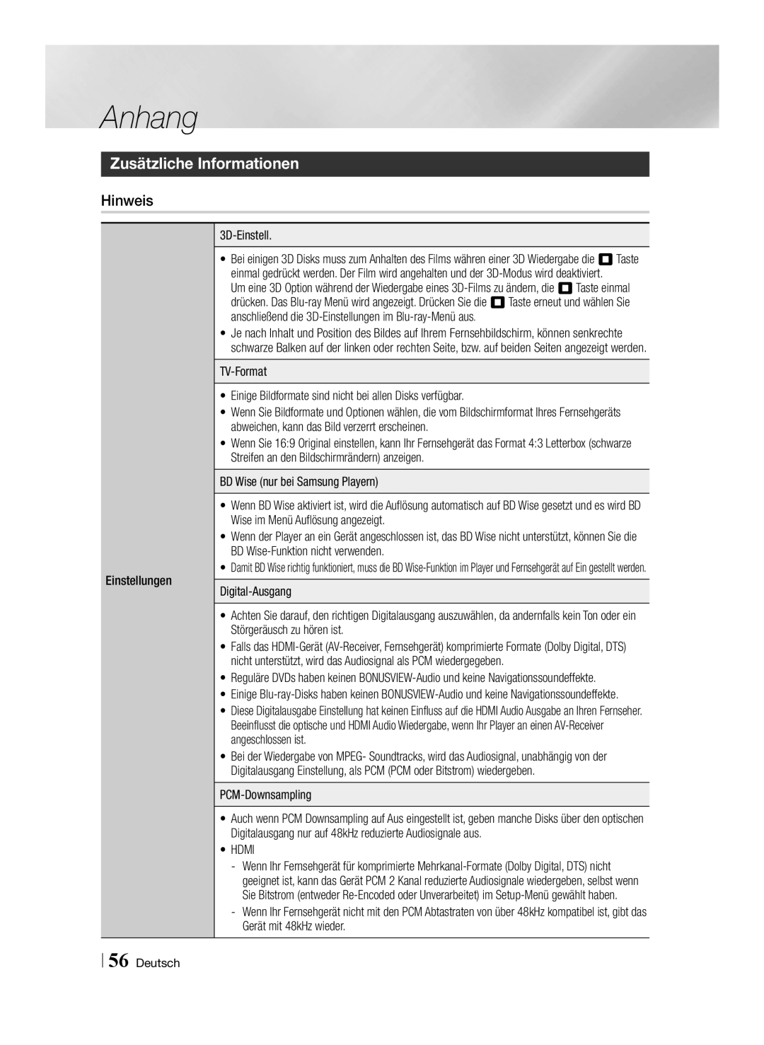 Samsung BD-ES7009/ZG manual Zusätzliche Informationen, Hinweis, Einstellungen 3D-Einstell, PCM-Downsampling, Hdmi 