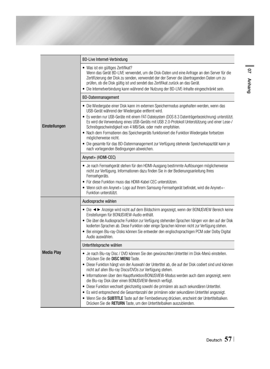 Samsung BD-ES7009/ZG manual BD-Datenmanagement, USB-Gerät während der Wiedergabe entfernt wird, Einstellungen 