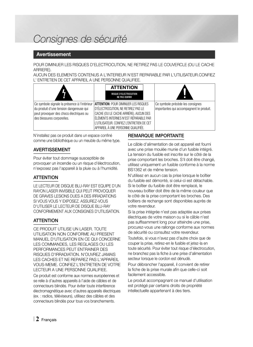 Samsung BD-ES7009/ZG manual Consignes de sécurité, Avertissement 