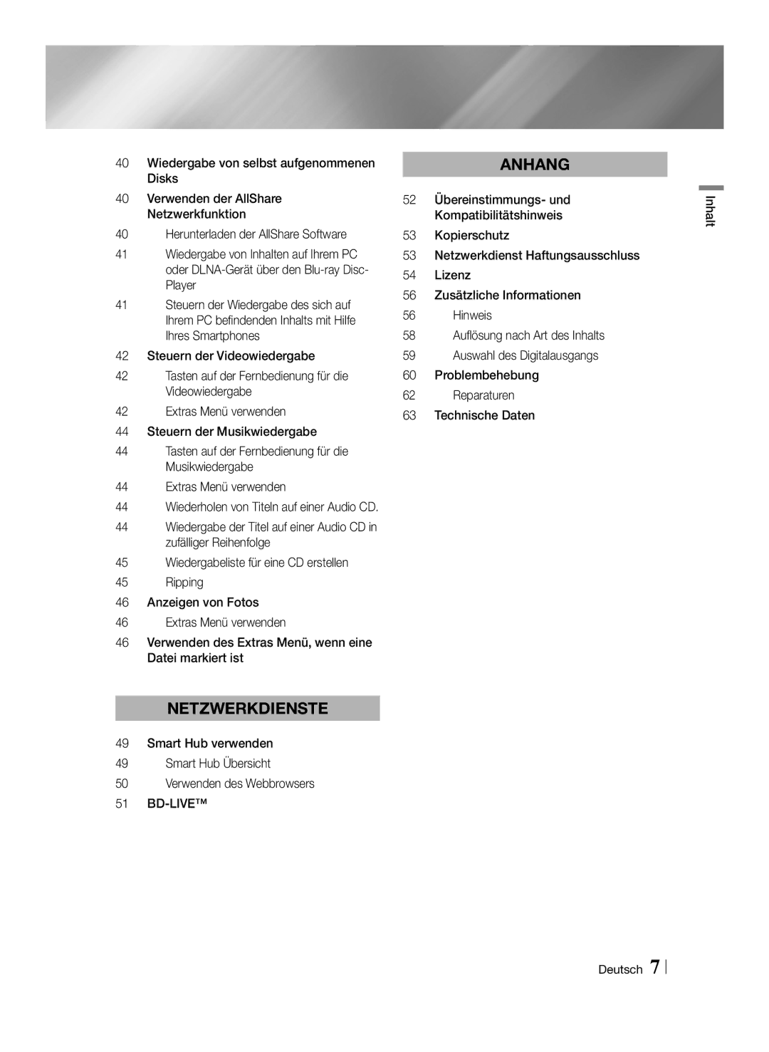 Samsung BD-ES7009/ZG manual Wiedergabe von selbst aufgenommenen Disks, Bd-Live, Verwenden der AllShare Netzwerkfunktion 