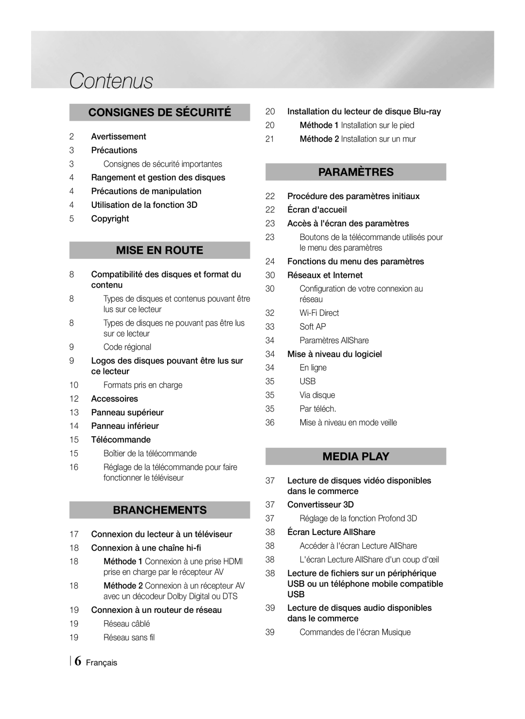 Samsung BD-ES7009/ZG manual Contenus, Usb 