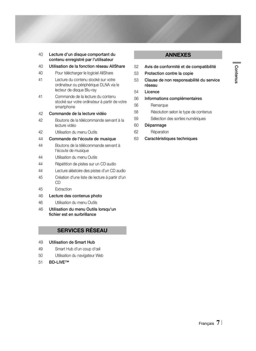 Samsung BD-ES7009/ZG manual Annexes, Contenus Français 