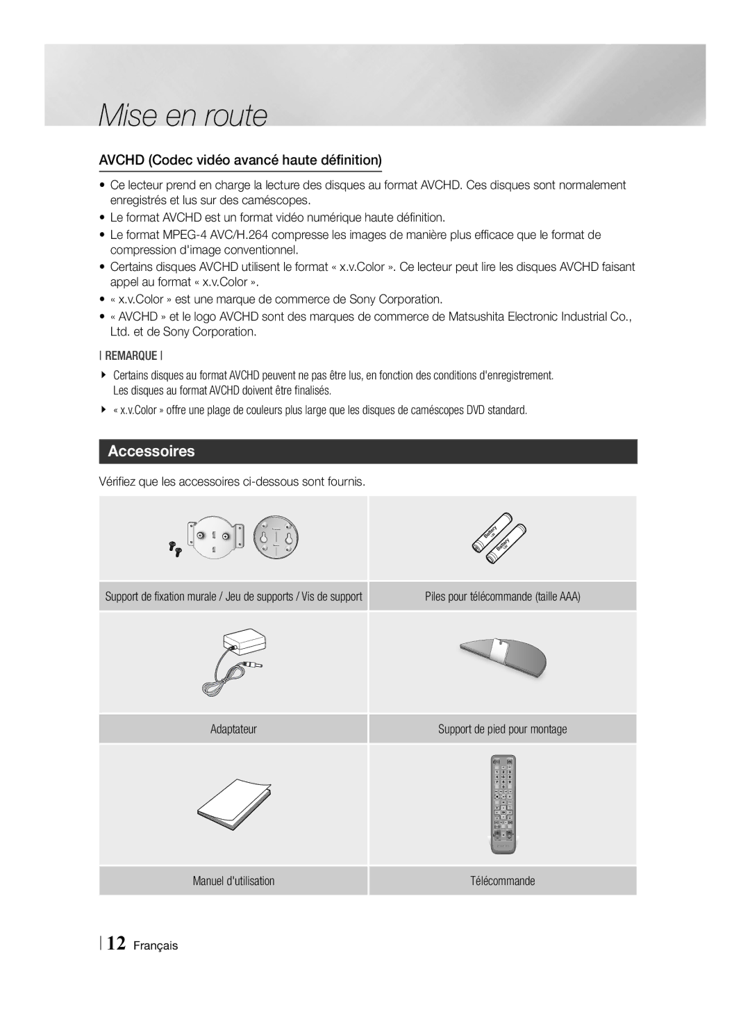 Samsung BD-ES7009/ZG manual Accessoires, Avchd Codec vidéo avancé haute définition 