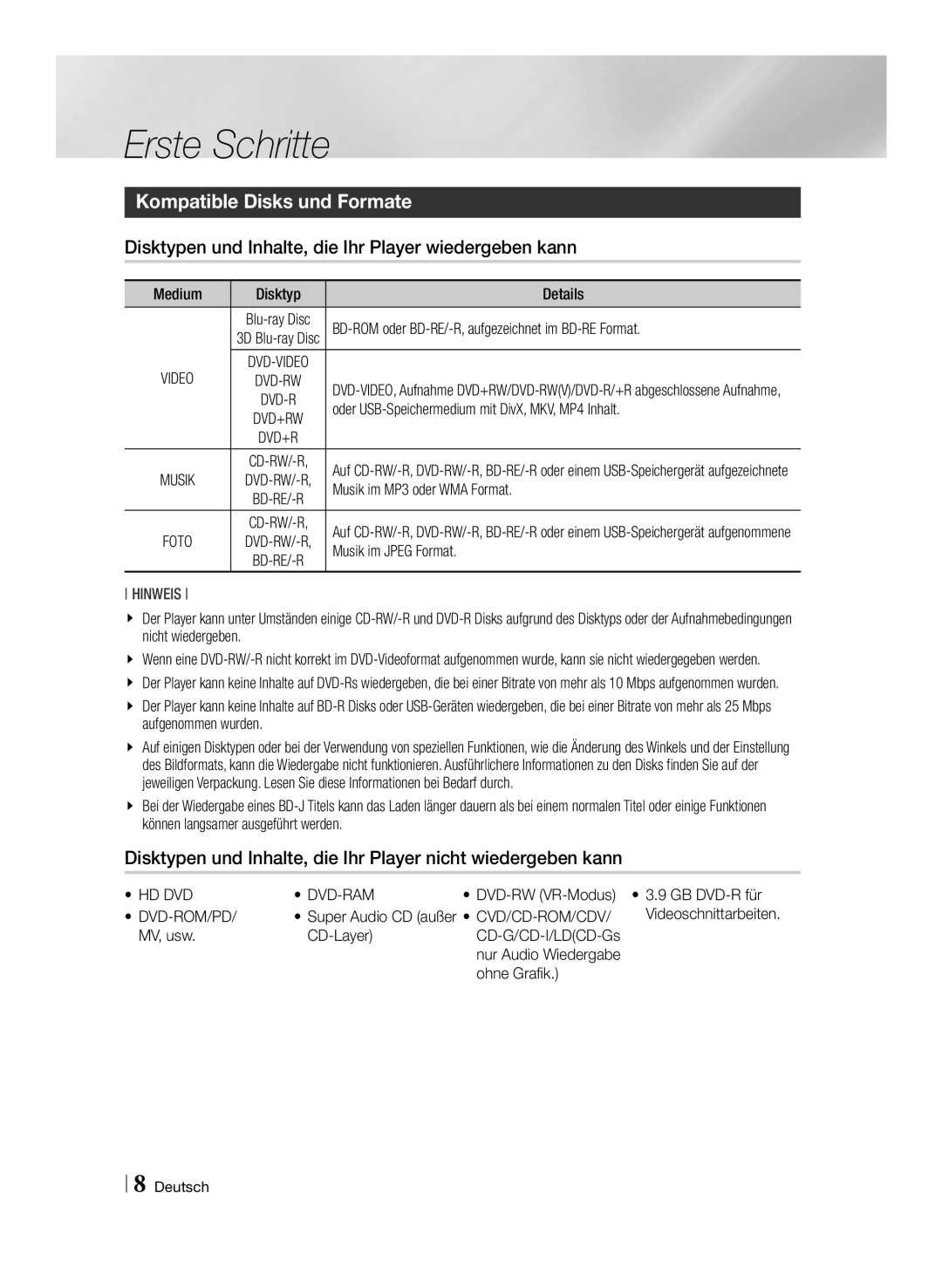 Samsung BD-ES7009/ZG Erste Schritte, Kompatible Disks und Formate, Disktypen und Inhalte, die Ihr Player wiedergeben kann 