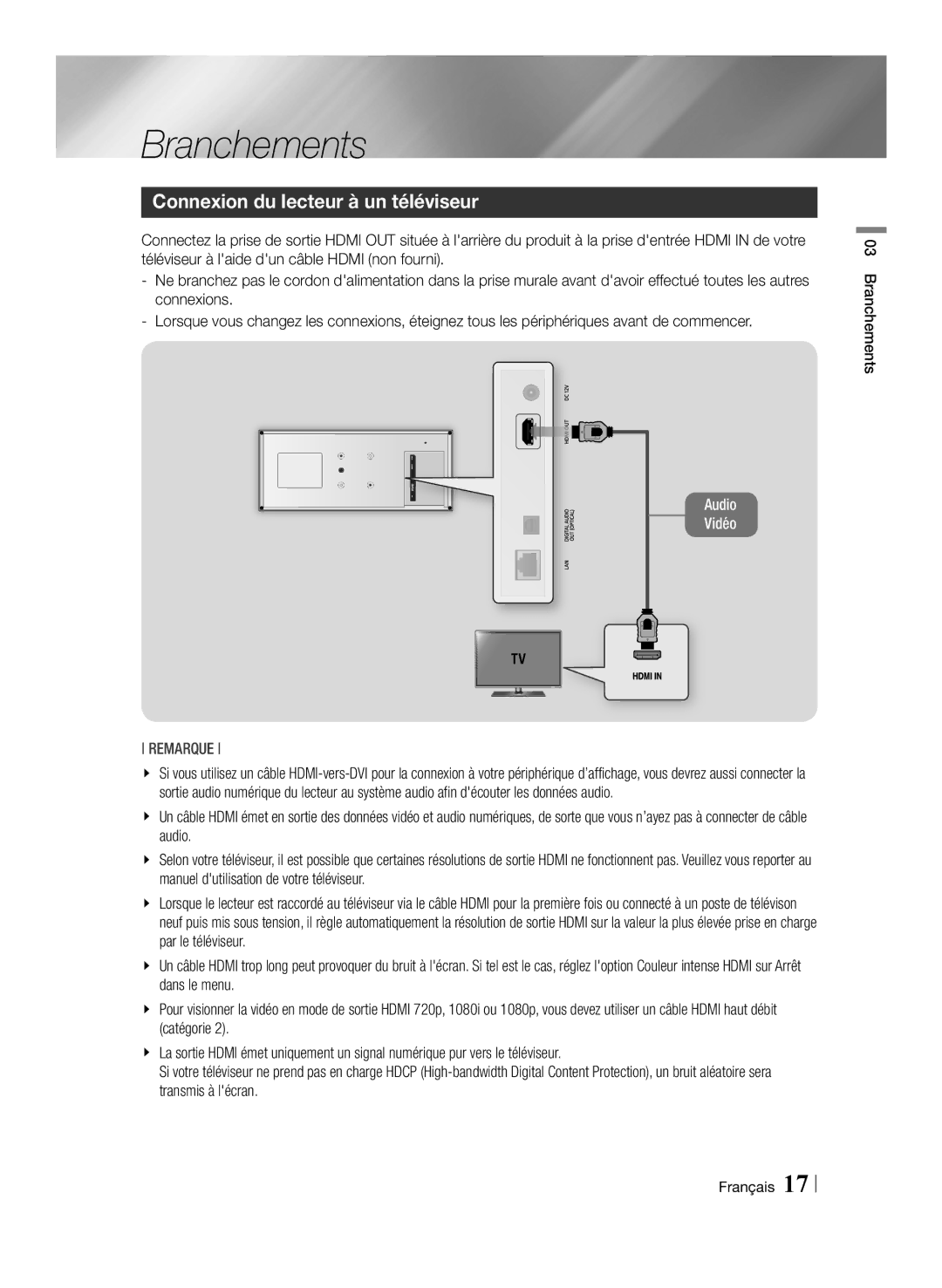 Samsung BD-ES7009/ZG manual Connexion du lecteur à un téléviseur, Branchements Français 