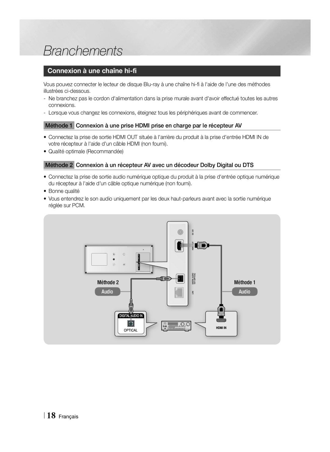 Samsung BD-ES7009/ZG manual Connexion à une chaîne hi-fi, Méthode 