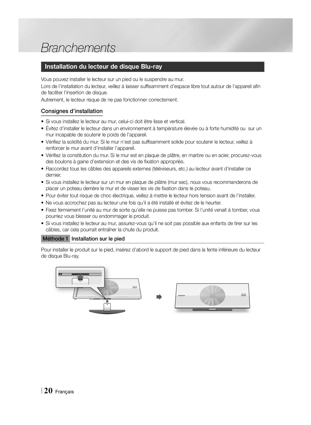 Samsung BD-ES7009/ZG manual Installation du lecteur de disque Blu-ray, Consignes d’installation 