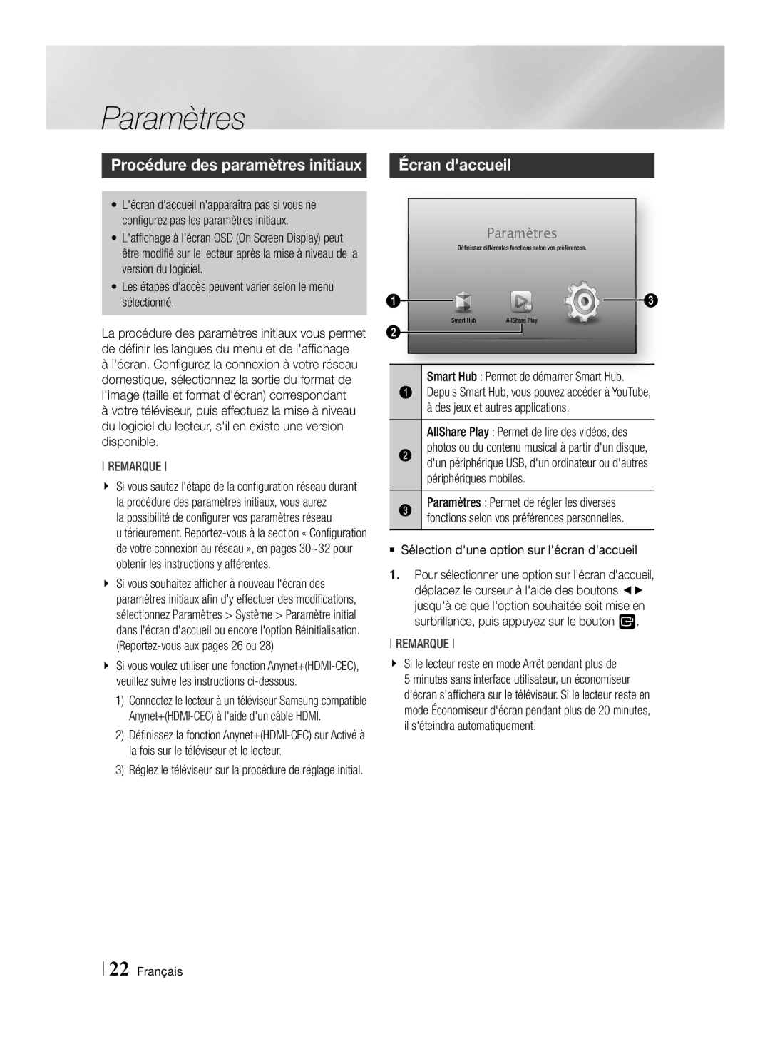 Samsung BD-ES7009/ZG manual Paramètres, Procédure des paramètres initiaux, Écran daccueil 