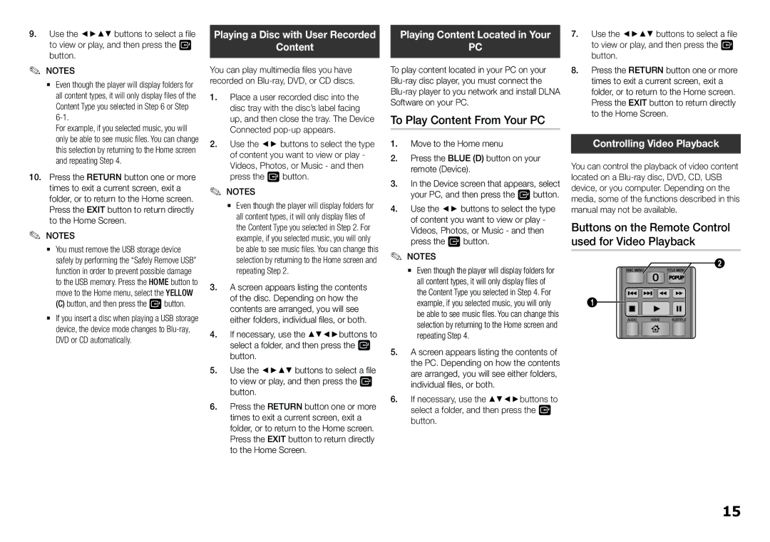 Samsung BD-F5100/XE, BD-F5100/EN To Play Content From Your PC, Playing Content Located in Your, Controlling Video Playback 