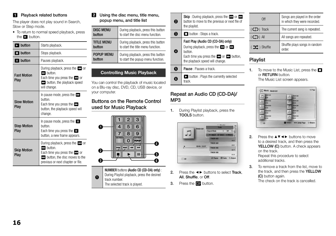 Samsung BD-F5100/EN, BD-F5100/XE manual Repeat an Audio CD CD-DA/ MP3, Playlist, Controlling Music Playback 