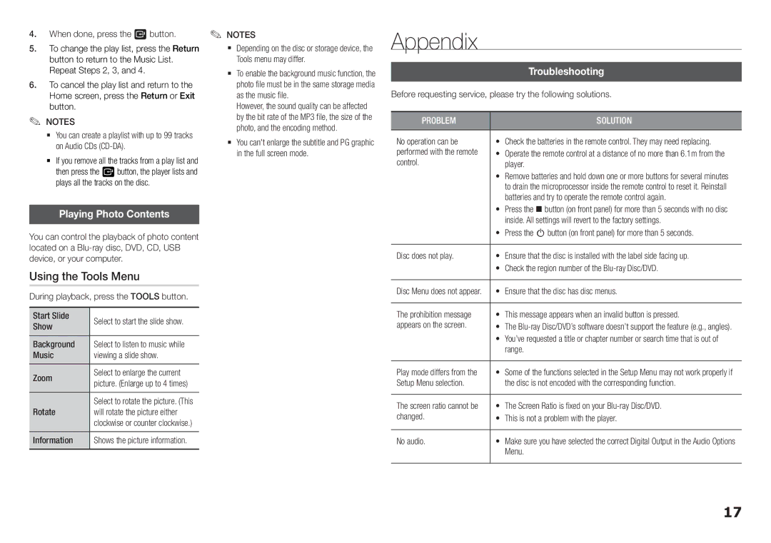 Samsung BD-F5100/XE, BD-F5100/EN manual Appendix, Using the Tools Menu, Playing Photo Contents, Troubleshooting 