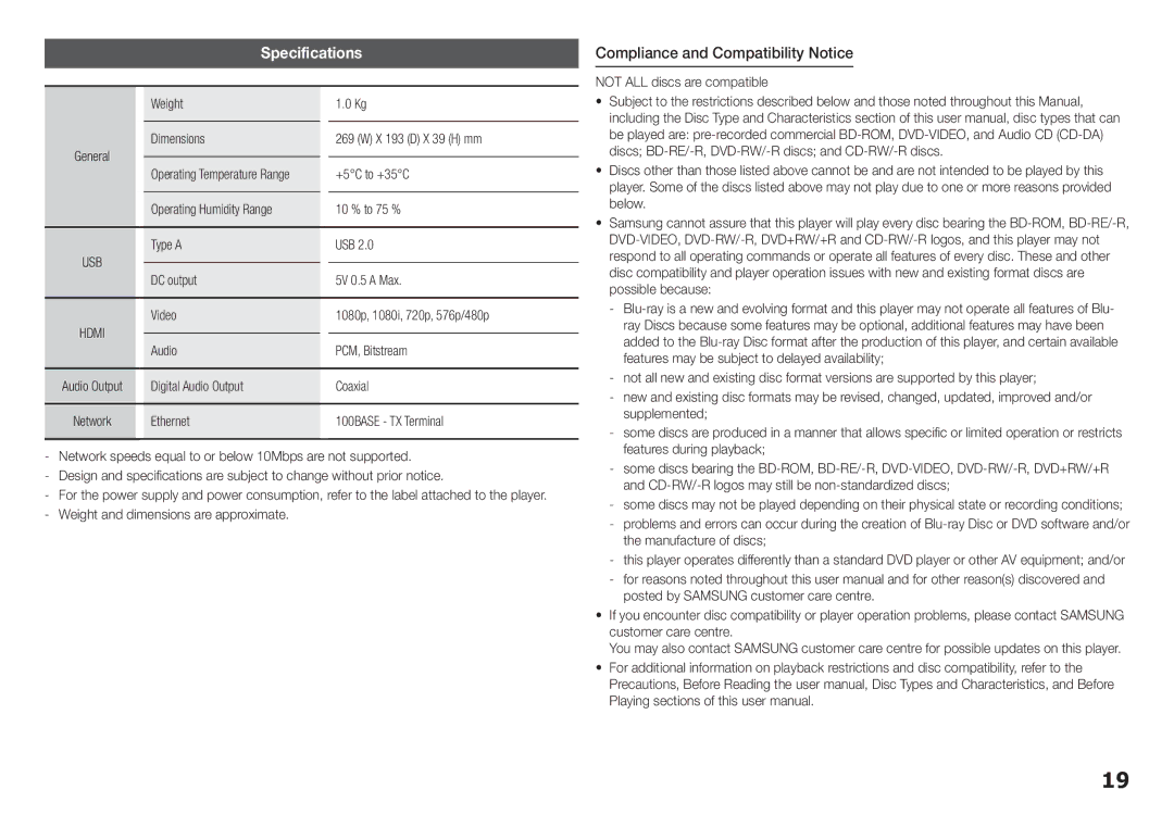 Samsung BD-F5100/XE, BD-F5100/EN manual Specifications, Compliance and Compatibility Notice 