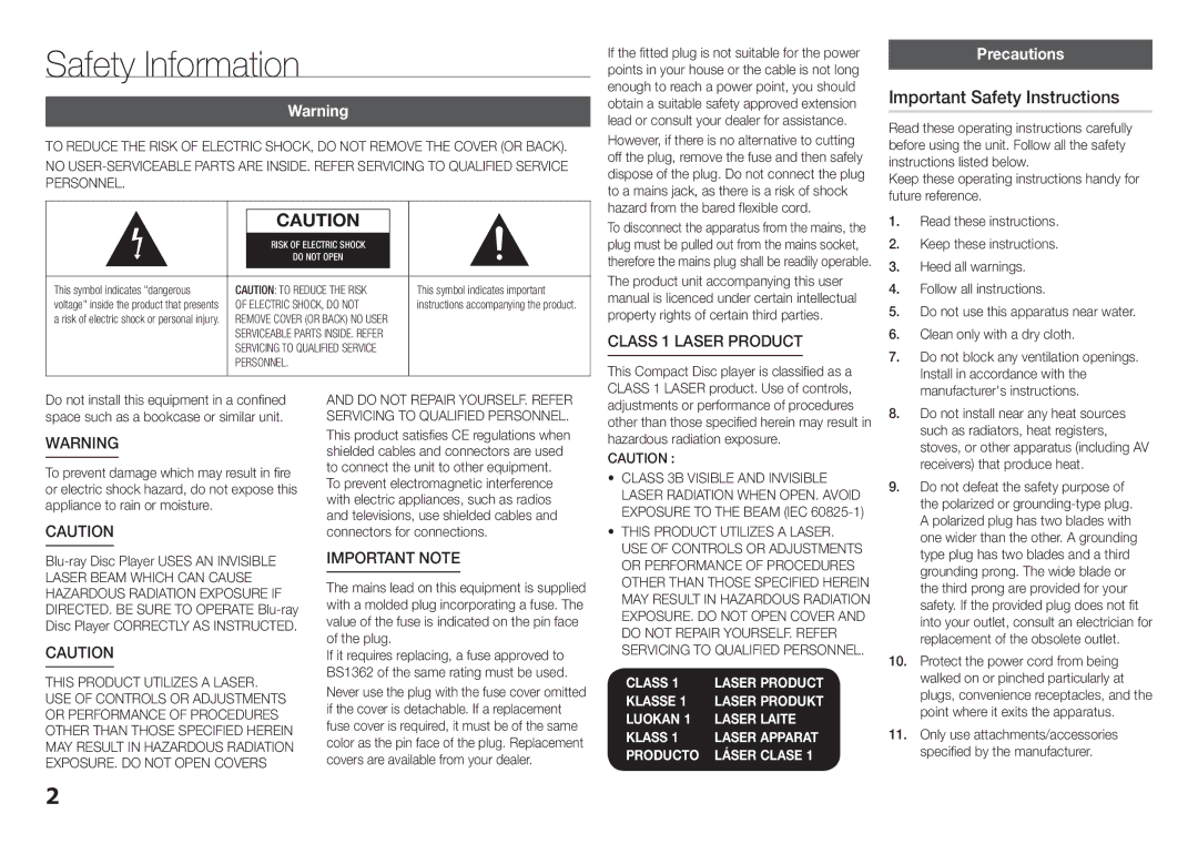 Samsung BD-F5100/EN, BD-F5100/XE manual Safety Information, Important Safety Instructions, Precautions 