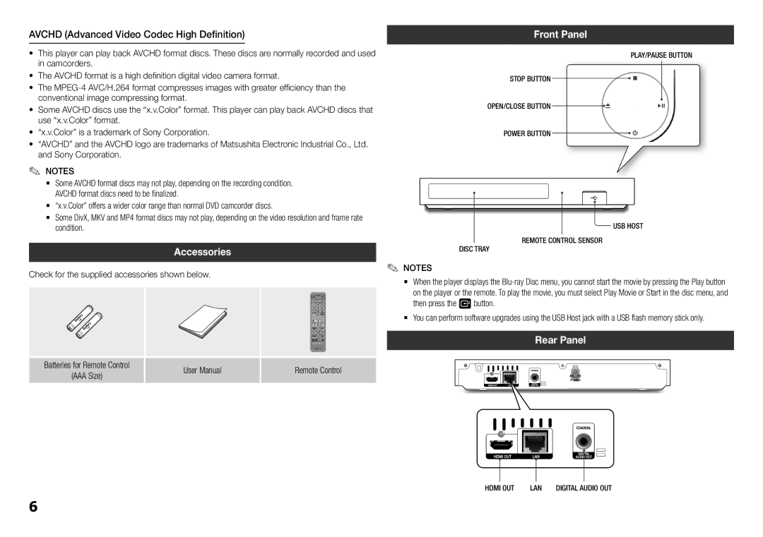 Samsung BD-F5100/EN, BD-F5100/XE manual Avchd Advanced Video Codec High Definition, Accessories, Front Panel, Rear Panel 