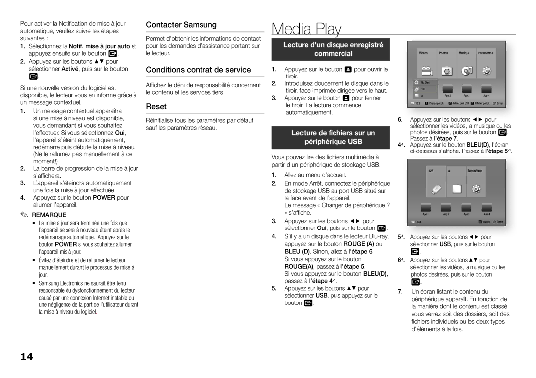 Samsung BD-F5100/EN, BD-F5100/ZF manual Media Play, Contacter Samsung, Conditions contrat de service, Reset 