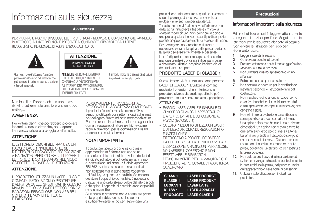 Samsung BD-F5100/ZF, BD-F5100/EN manual Informazioni sulla sicurezza, Avvertenza, Precauzioni 