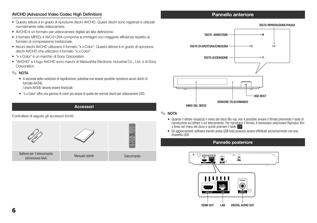 Samsung BD-F5100/ZF manual Pannello anteriore, Avchd Advanced Video Codec High Definition, Accessori, Pannello posteriore 