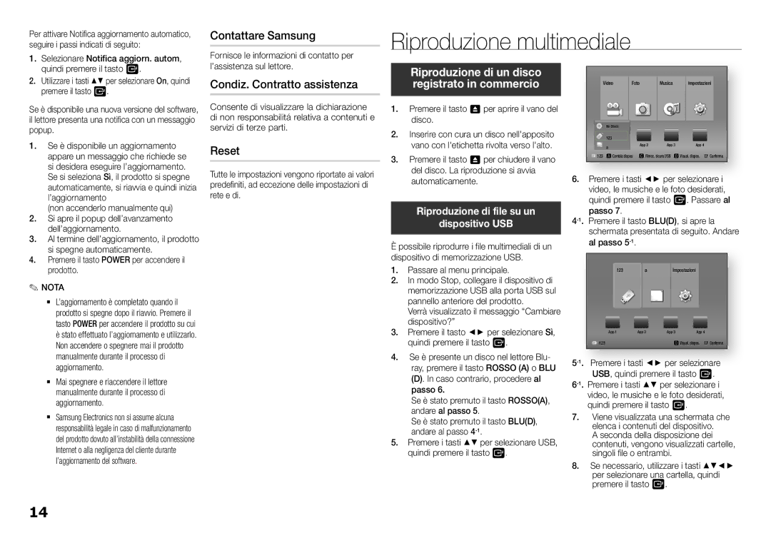 Samsung BD-F5100/ZF, BD-F5100/EN manual Riproduzione multimediale, Contattare Samsung, Condiz. Contratto assistenza 