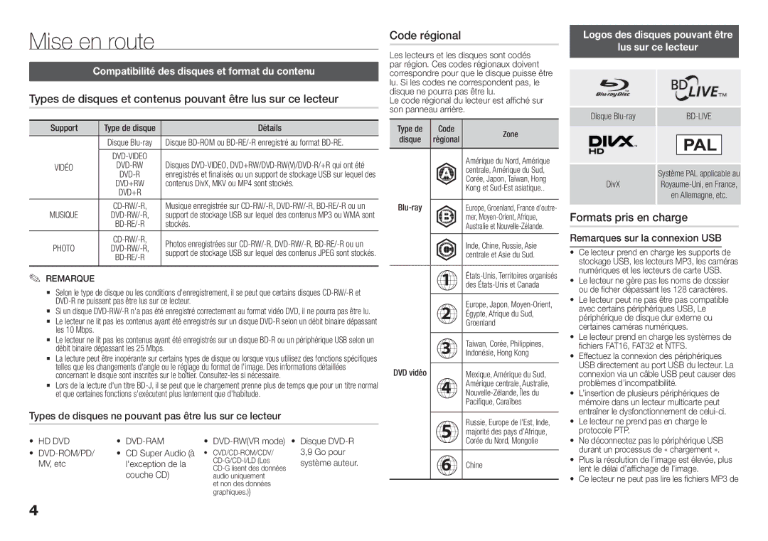 Samsung BD-F5100/EN Mise en route, Code régional, Formats pris en charge, Compatibilité des disques et format du contenu 