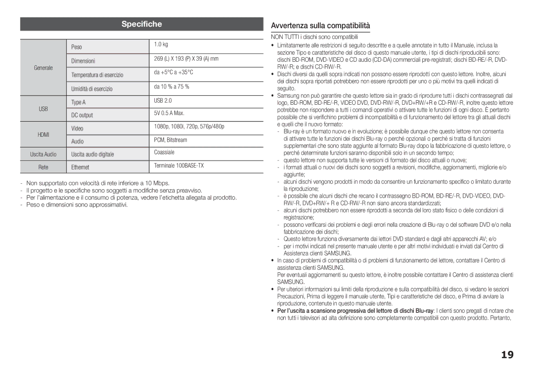 Samsung BD-F5100/EN, BD-F5100/ZF manual Specifiche, Avvertenza sulla compatibilità, Samsung 