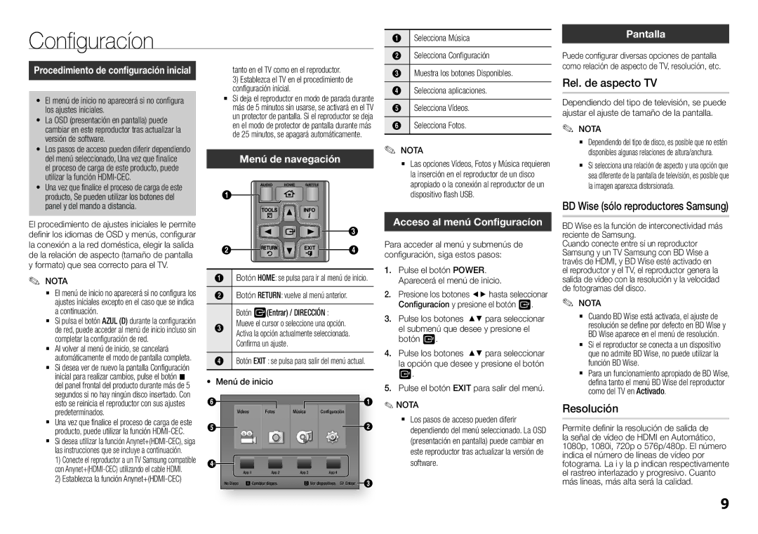 Samsung BD-F5100/ZF, BD-F5100/EN manual Rel. de aspecto TV, Resolución, Acceso al menú Configuracíon, Pantalla 