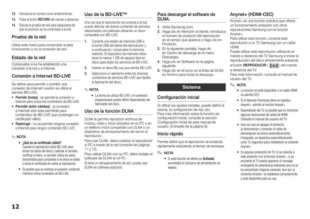 Samsung BD-F5100/EN Prueba de la red, Estado de la red, Conexión a Internet BD-LIVE, Uso de la BD-LIVE, Inicio rápido 