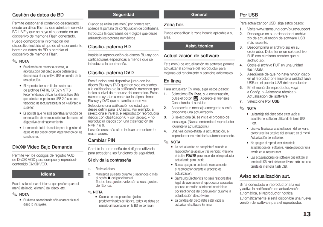 Samsung BD-F5100/ZF Gestión de datos de BD, DivX Video Bajo Demanda, Clasific. paterna BD, Clasific. paterna DVD, Zona hor 