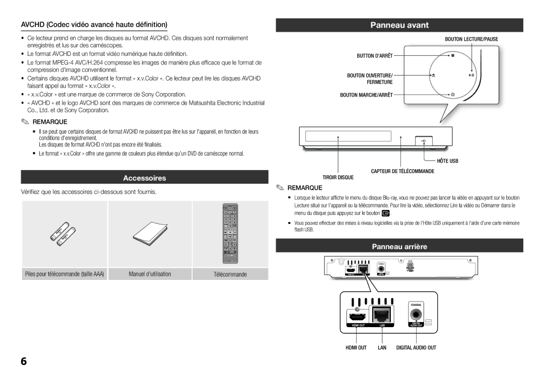 Samsung BD-F5100/EN, BD-F5100/ZF Panneau avant, Avchd Codec vidéo avancé haute définition, Accessoires, Panneau arrière 