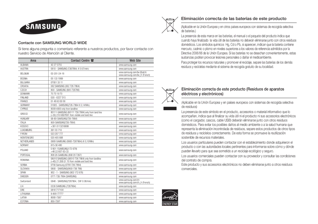 Samsung BD-F5100/ZF, BD-F5100/EN manual Eliminación correcta de las baterías de este producto 