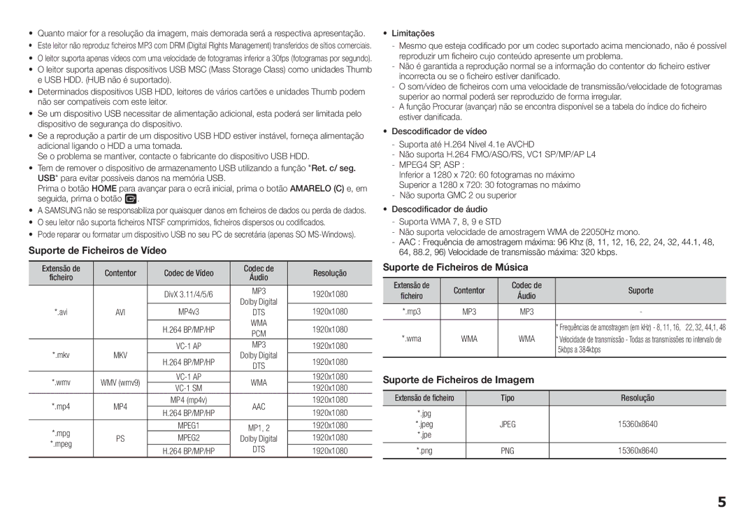 Samsung BD-F5100/EN, BD-F5100/ZF manual Resolução, 5kbps a 384kbps 