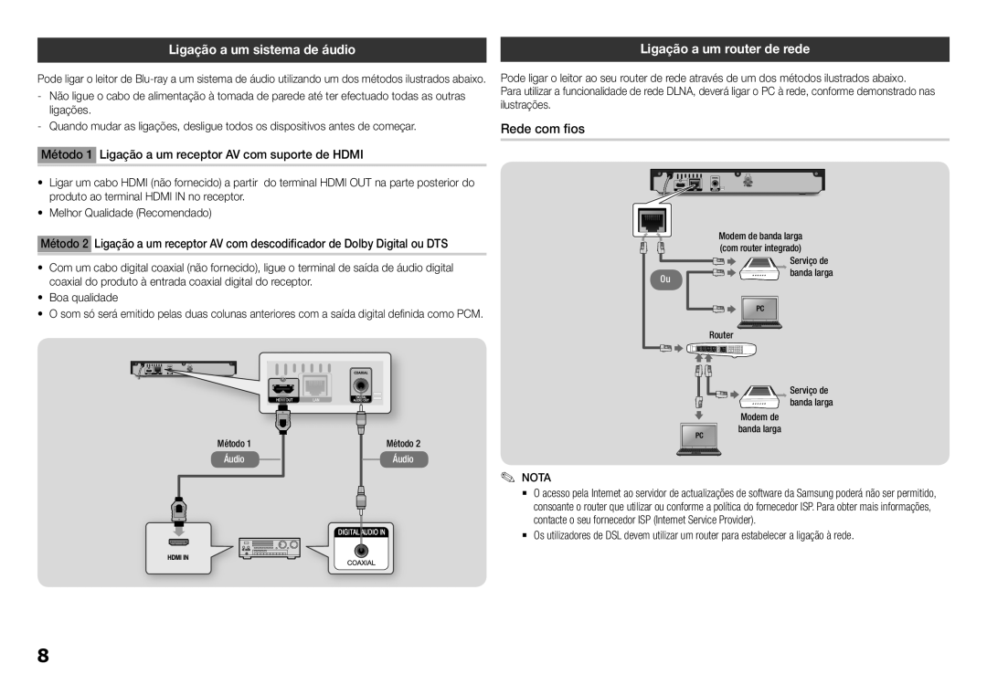 Samsung BD-F5100/ZF, BD-F5100/EN manual Ligação a um sistema de áudio, Ligação a um router de rede, Rede com fios 