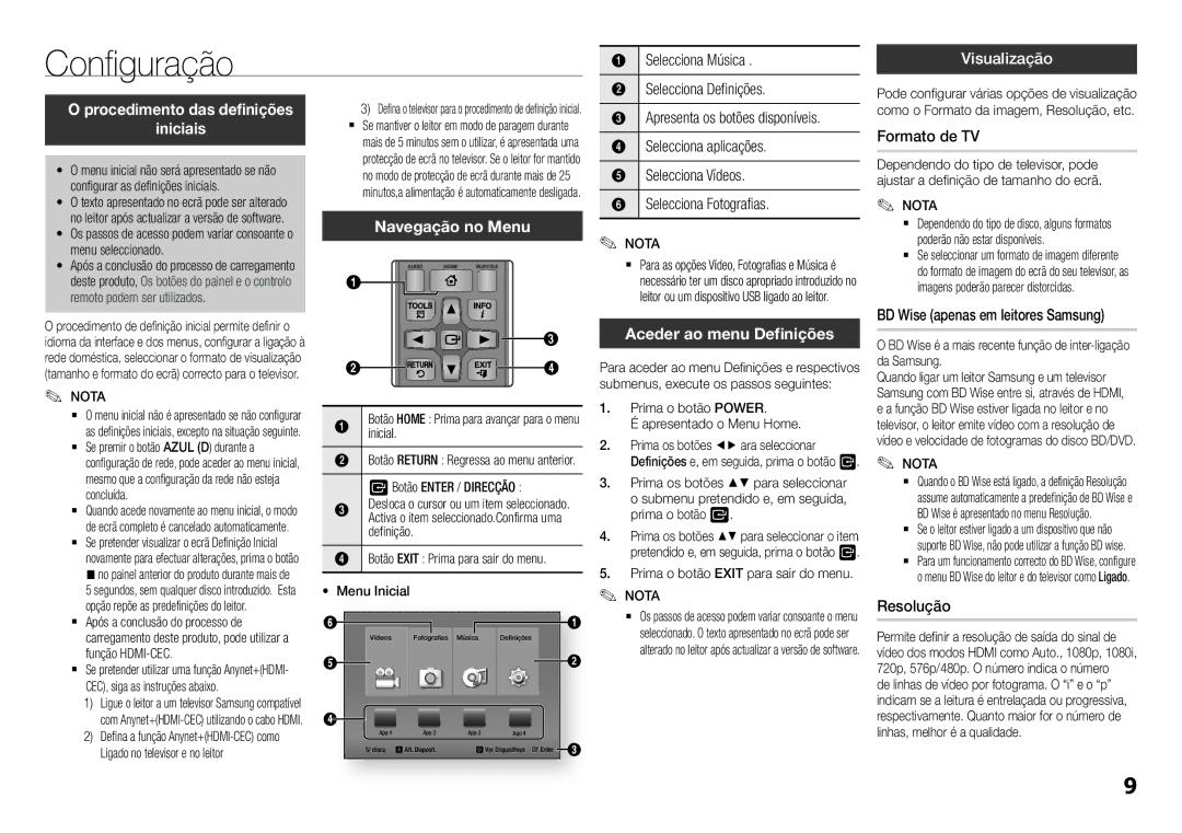 Samsung BD-F5100/EN, BD-F5100/ZF manual Configuração, Iniciais, Navegação no Menu, Aceder ao menu Definições 