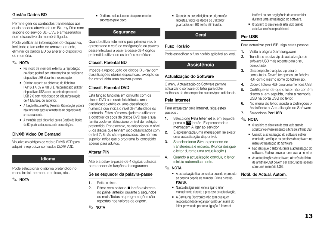 Samsung BD-F5100/EN, BD-F5100/ZF manual Assistência, Segurança, Geral 