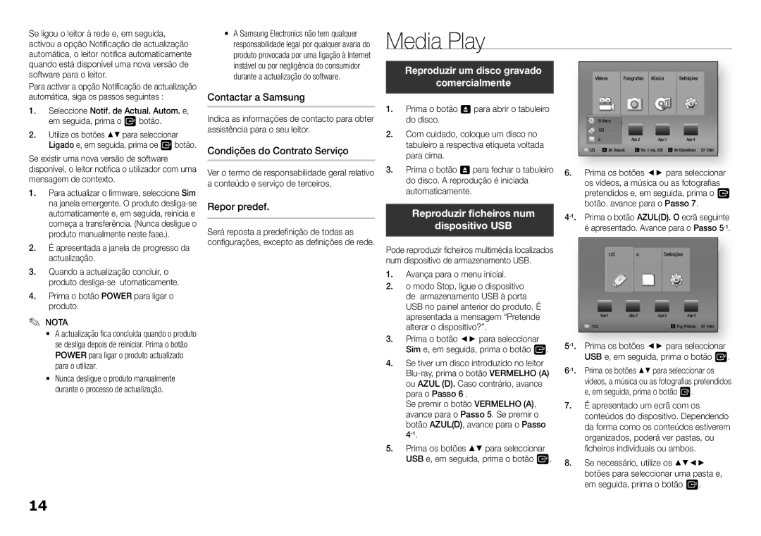 Samsung BD-F5100/ZF, BD-F5100/EN manual Contactar a Samsung, Condições do Contrato Serviço, Repor predef 