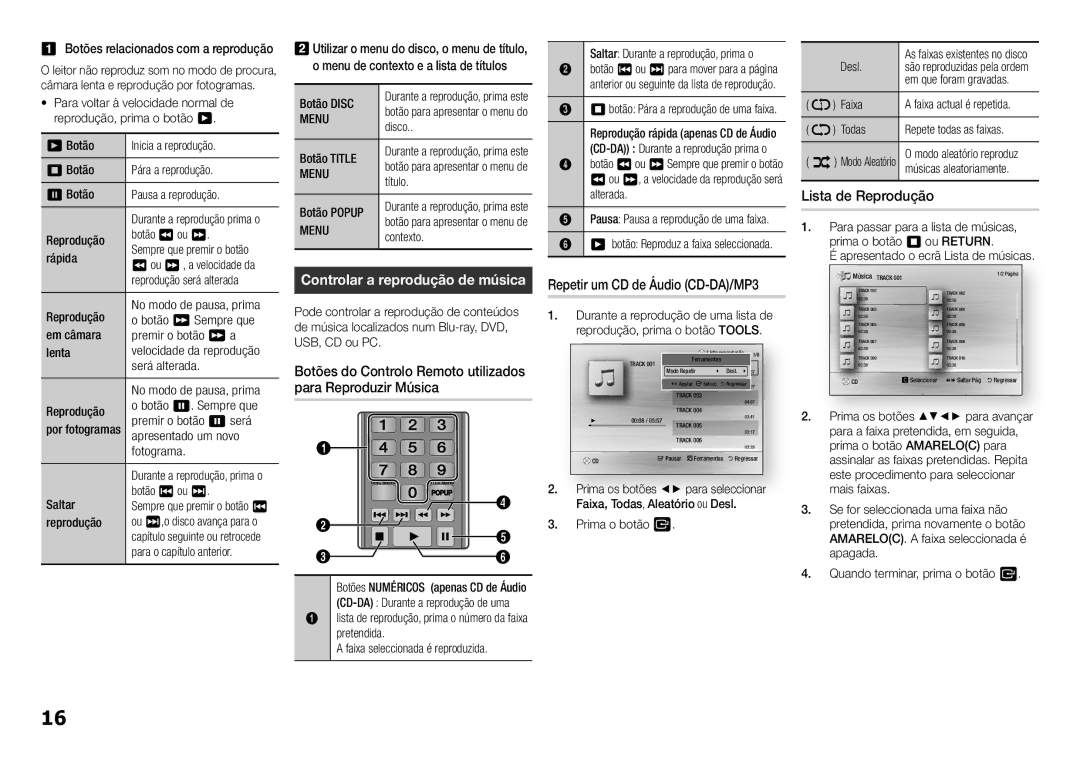 Samsung BD-F5100/ZF manual Botões do Controlo Remoto utilizados para Reproduzir Música, Repetir um CD de Áudio CD-DA/MP3 