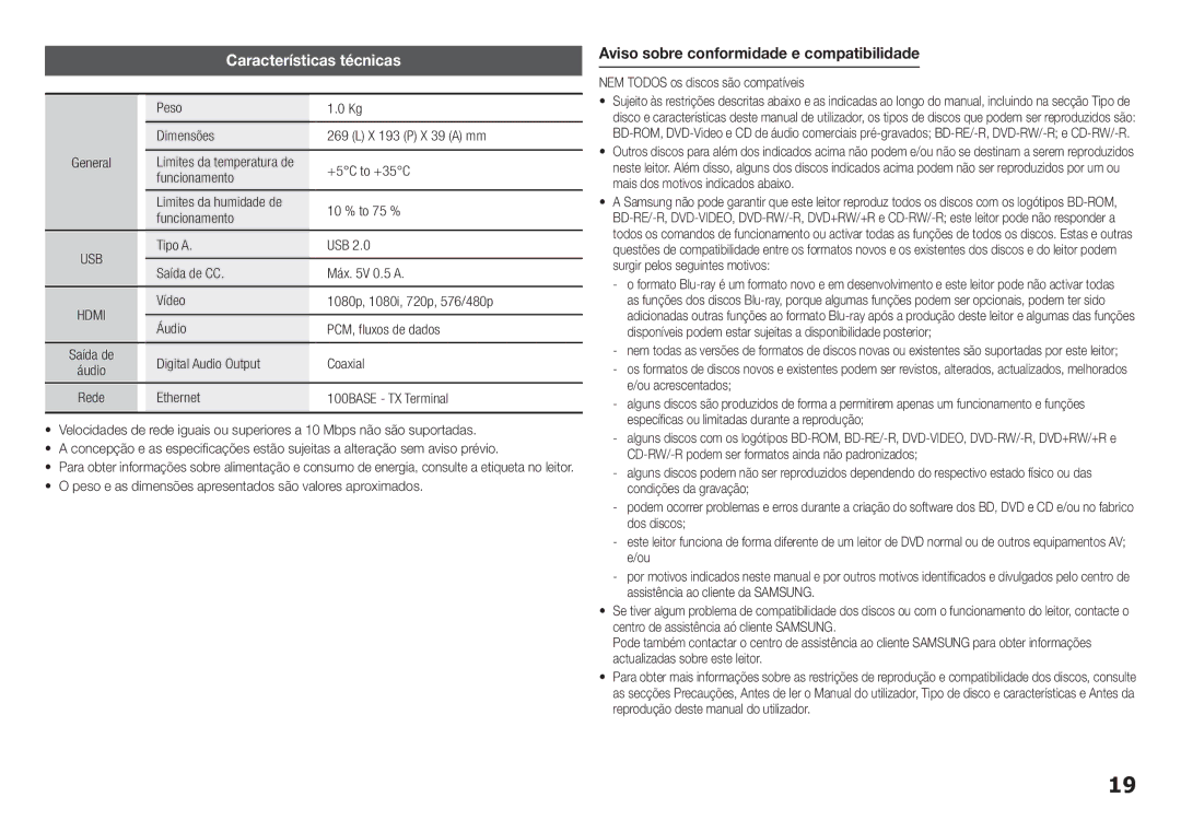 Samsung BD-F5100/EN manual Características técnicas, Tipo a USB Saída de CC Máx V 0.5 a, Digital Audio Output Coaxial 