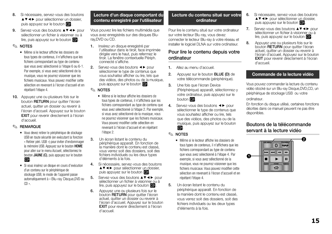 Samsung BD-F5100/ZF, BD-F5100/EN Pour lire le contenu depuis votre ordinateur, Ordinateur, Commande de la lecture vidéo 