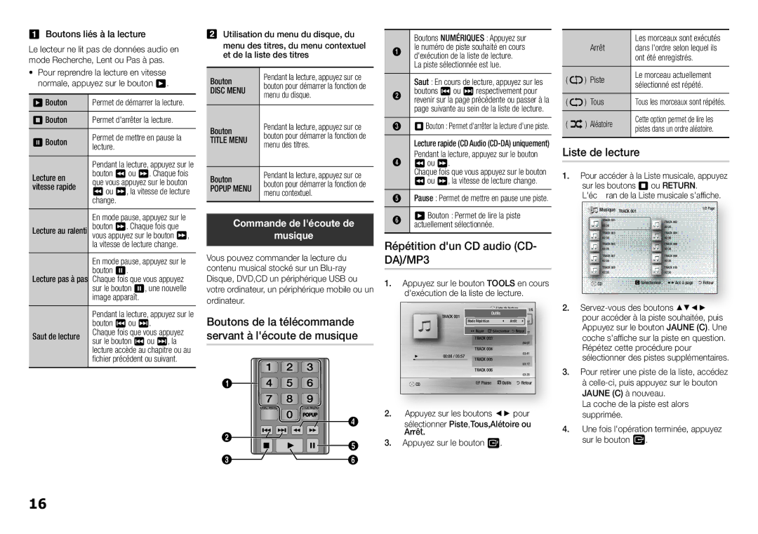 Samsung BD-F5100/EN, BD-F5100/ZF manual Répétition dun CD audio CD- DA/MP3, Liste de lecture, Commande de lécoute de Musique 